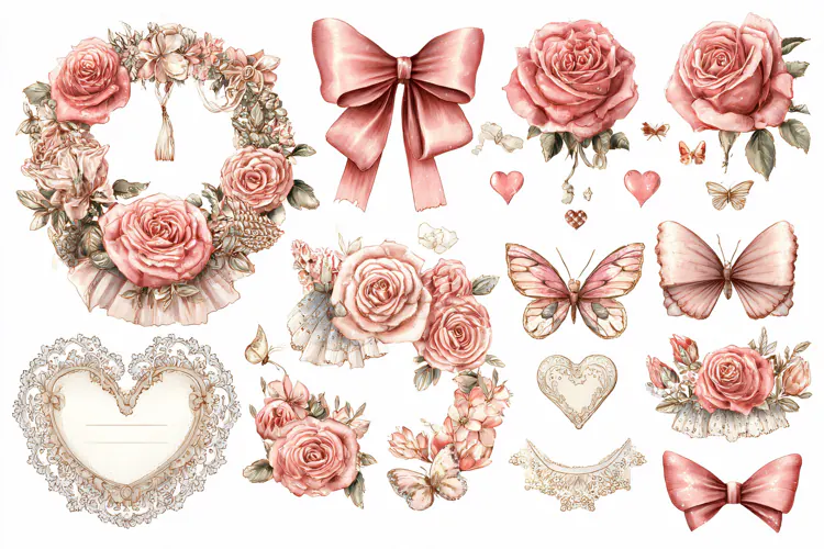 Watercolor pink rose floral elements with butterflies and ri