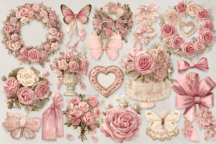 Watercolor floral elements with pink roses and butterflies