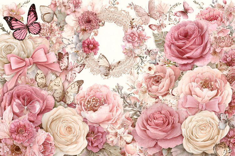 Watercolor floral background with pink roses and butterflies example image 1