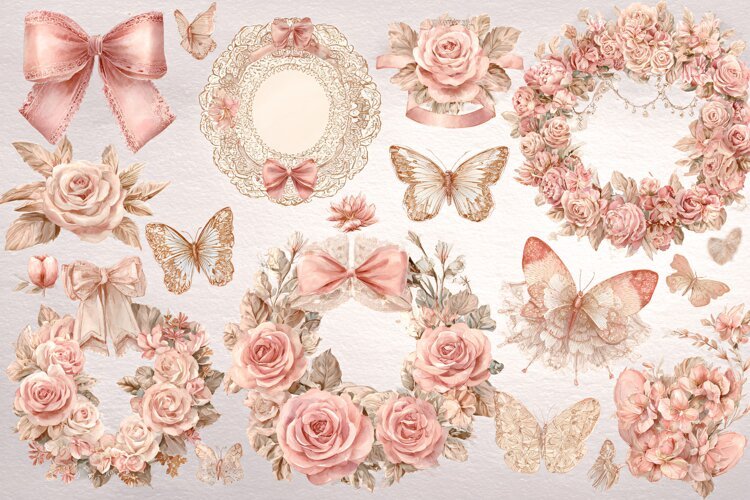 Watercolor floral wreath collection with pink roses and butt example image 1