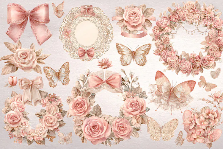 Watercolor floral wreath collection with pink roses and butt