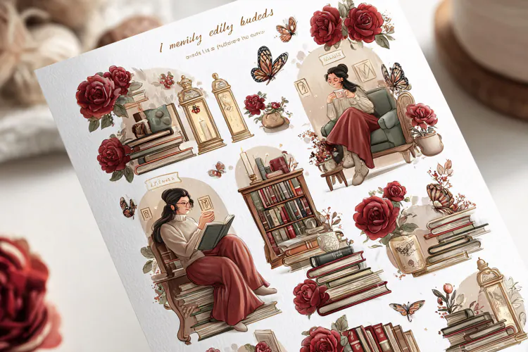 Vintage watercolor sticker sheet with women reading and rose