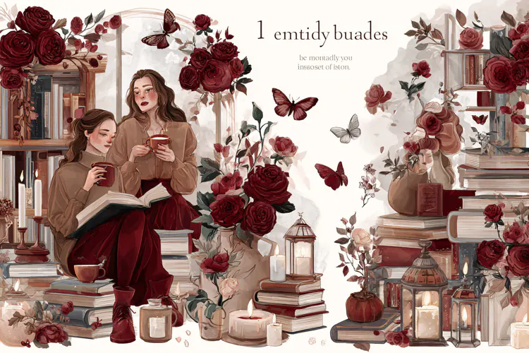 Two young women reading books surrounded by red roses and bu