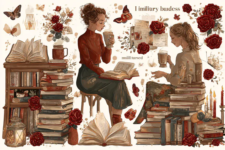 Two women reading books and drinking coffee in a cozy librar