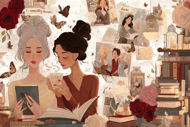 Two young women reading books and drinking tea in a cozy lib example image 1