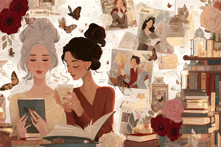 Two young women reading books and drinking tea in a cozy lib