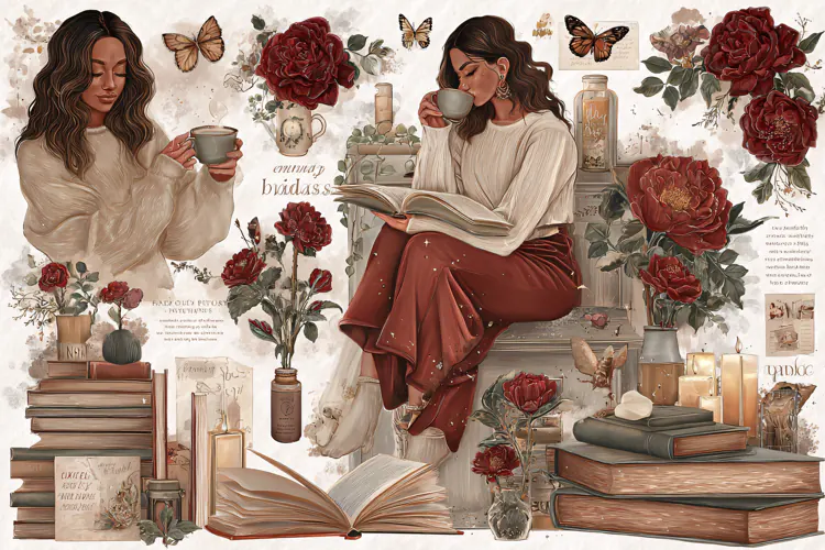 Watercolor illustration of a woman reading with red roses