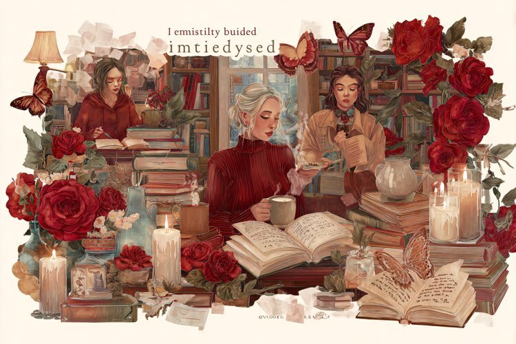 Victorian women reading books and drinking tea in a library example image 1