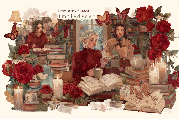 Victorian women reading books and drinking tea in a library