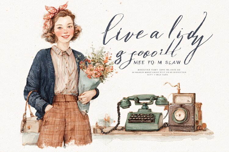 Watercolor illustration of a woman holding flowers example image 1