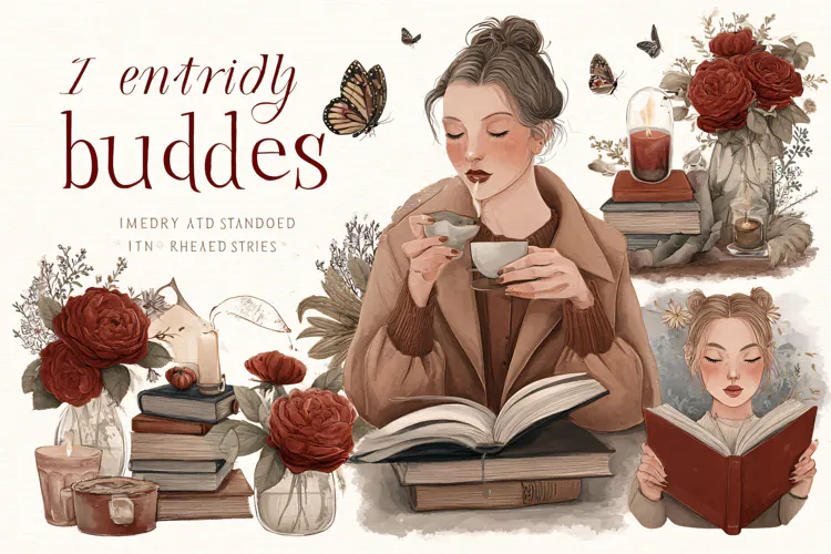 Watercolor illustration of women reading books in a cozy lib