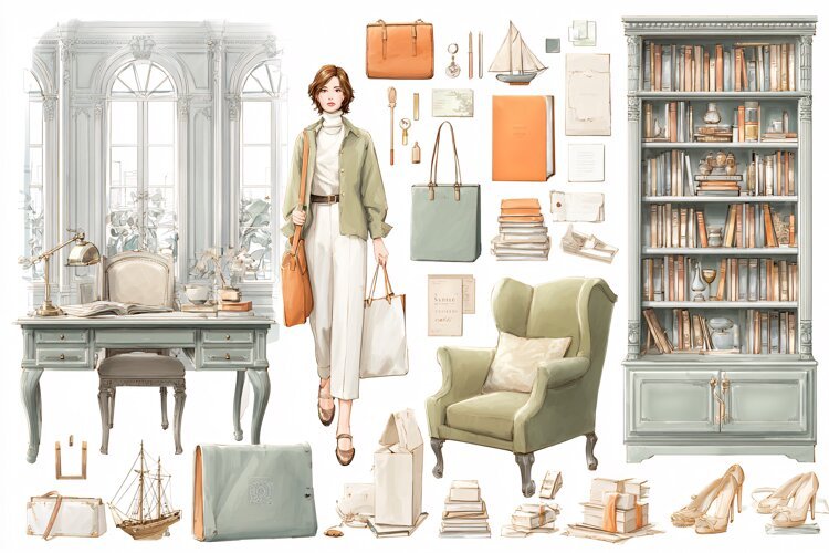 Watercolor illustration of a woman reading books with flower example image 1