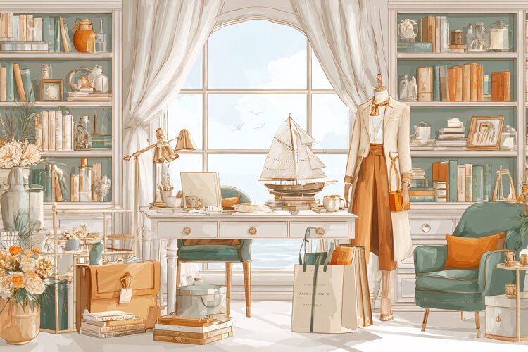 Watercolor illustration of a woman with home office furnitur example image 1