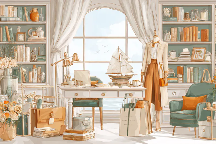 Watercolor illustration of a woman with home office furnitur