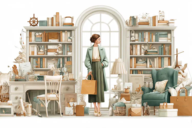 Watercolor illustration of a cozy home office with bookshelv