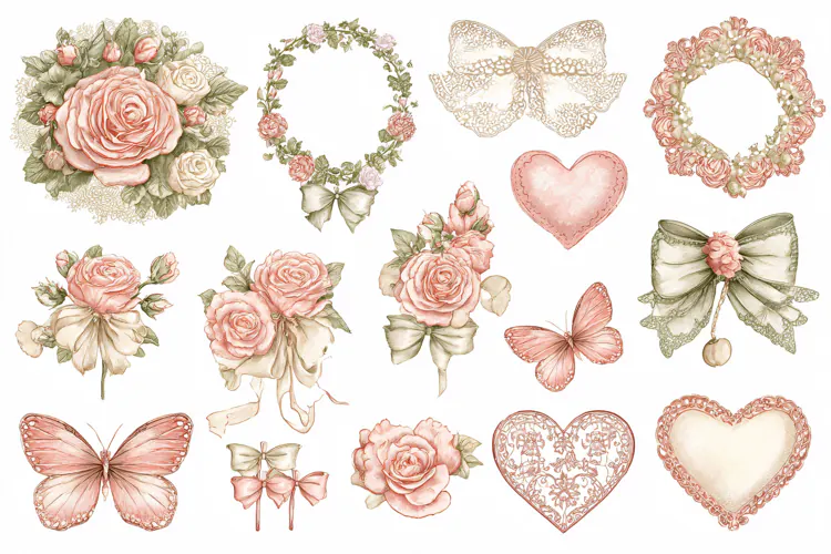 Watercolor floral elements with roses and butterflies on whi