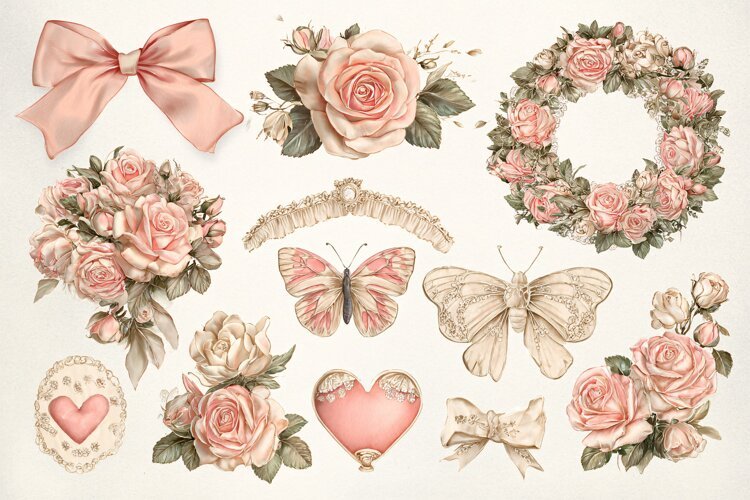 Watercolor floral elements with roses butterflies and hearts example image 1