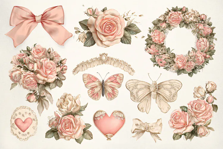 Watercolor floral elements with roses butterflies and hearts