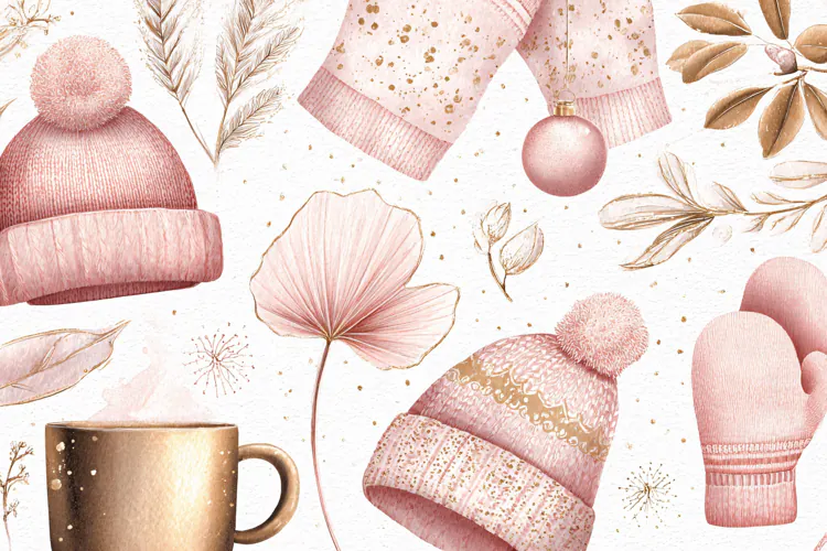 Watercolor pink rose floral elements with bows and hearts