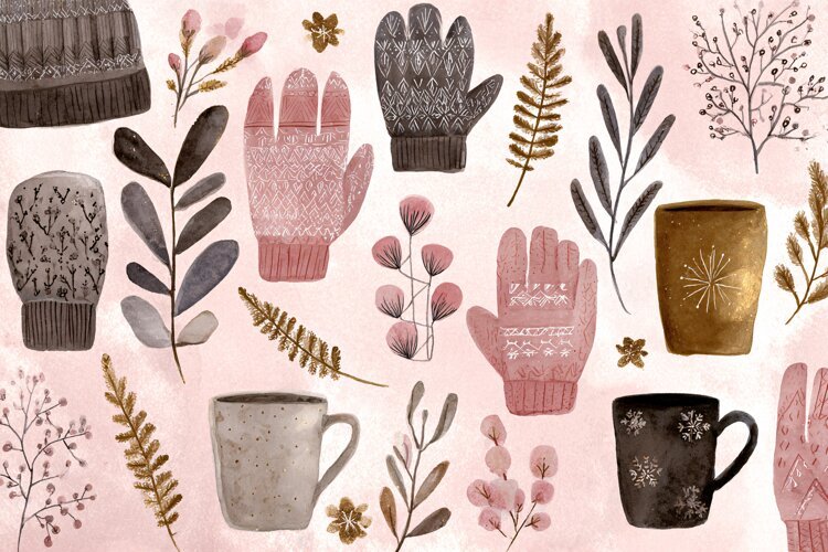 Watercolor winter collection with pink knit hats and mittens example image 1