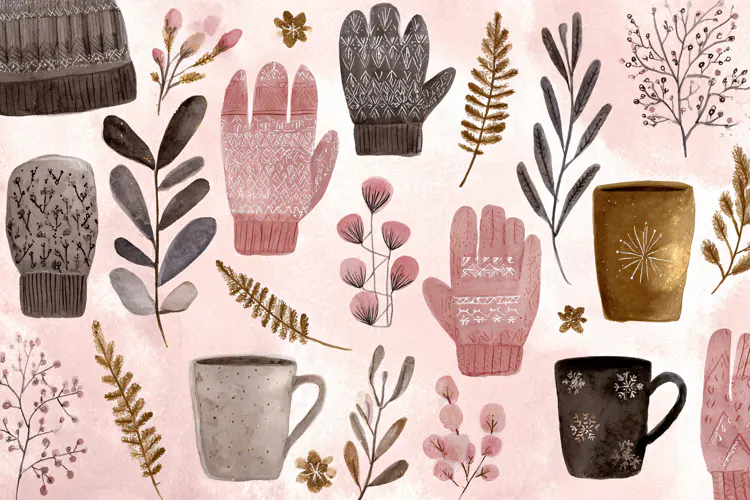 Watercolor winter collection with pink knit hats and mittens
