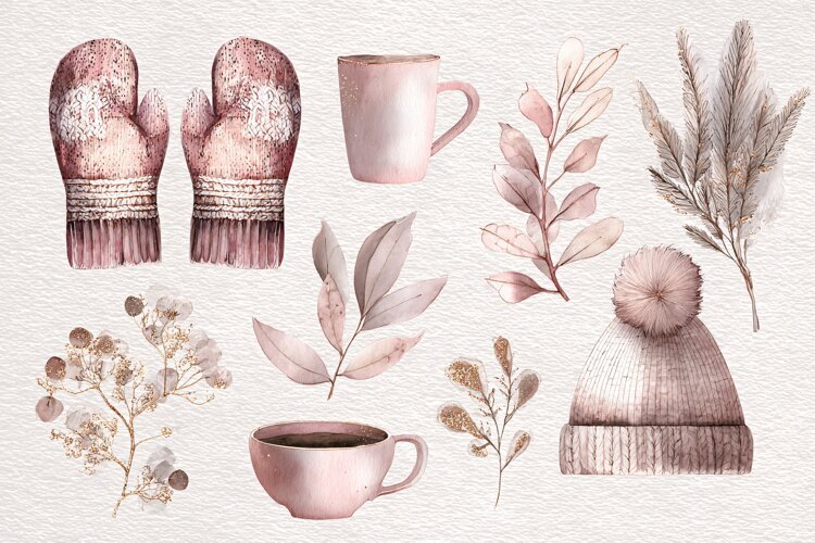 Watercolor winter collection with mittens and mugs on pink example image 1