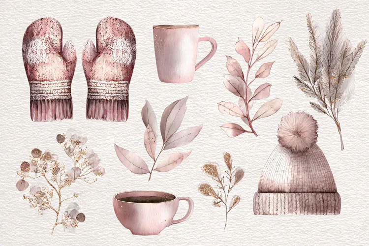 Watercolor winter collection with mittens and mugs on pink