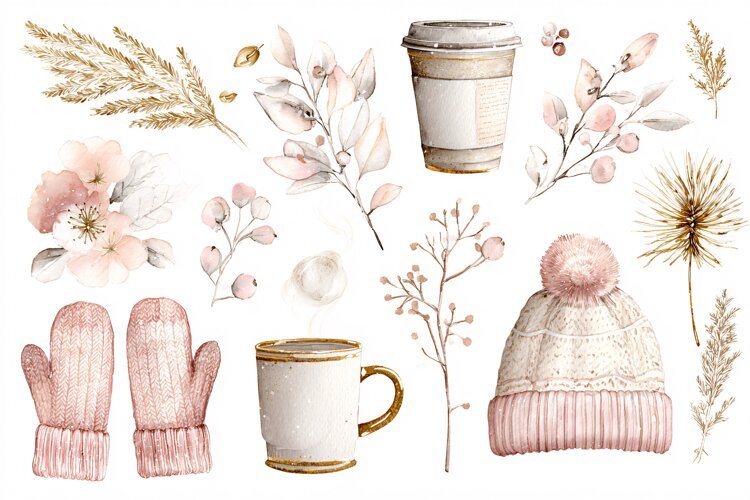 Watercolor winter collection with mittens mug and beanie example image 1