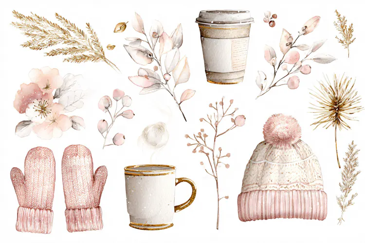 Watercolor winter collection with mittens mug and beanie