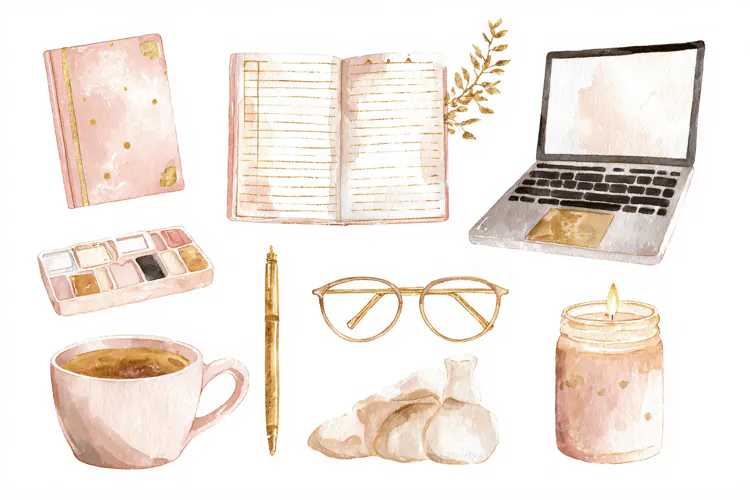 Watercolor illustration of office stationery and laptop acce