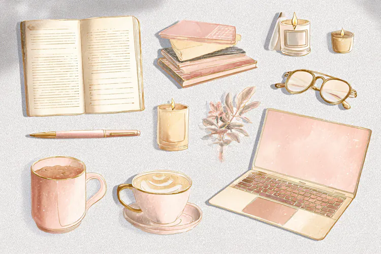 Watercolor illustration of stationery and laptop items