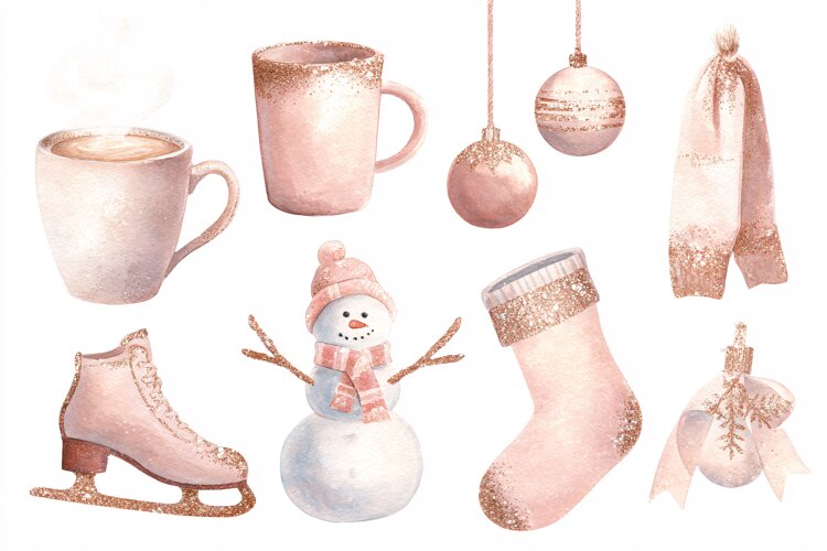 Watercolor Christmas elements with snowman and skates example image 1