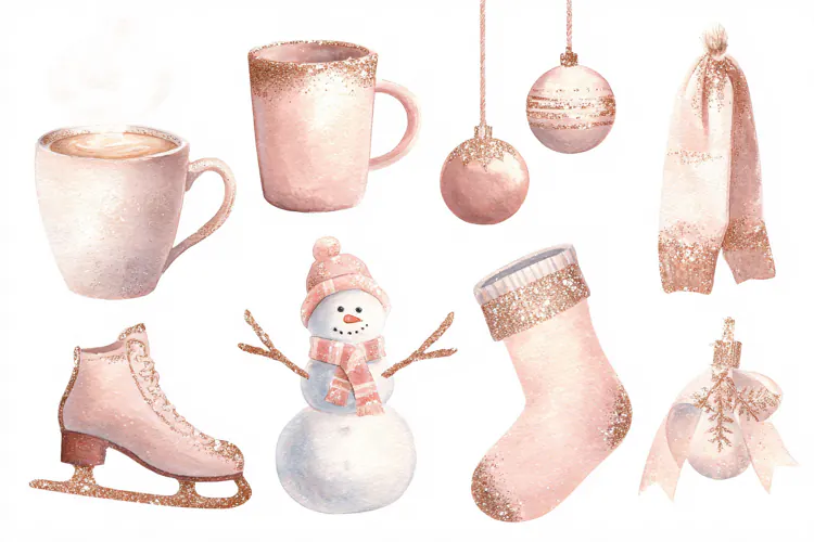 Watercolor Christmas elements with snowman and skates
