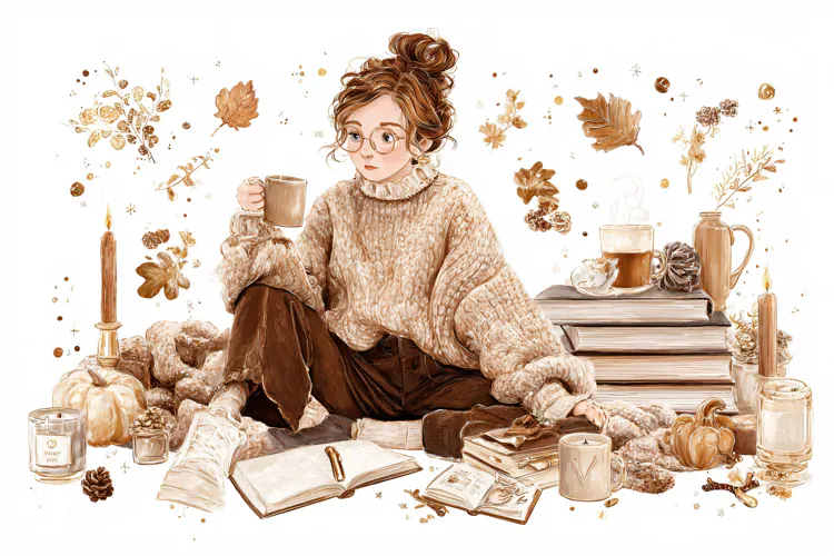 Watercolor illustration of a woman in a sweater drinking cof
