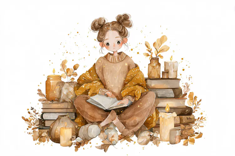Watercolor illustration of a girl reading a book surrounded