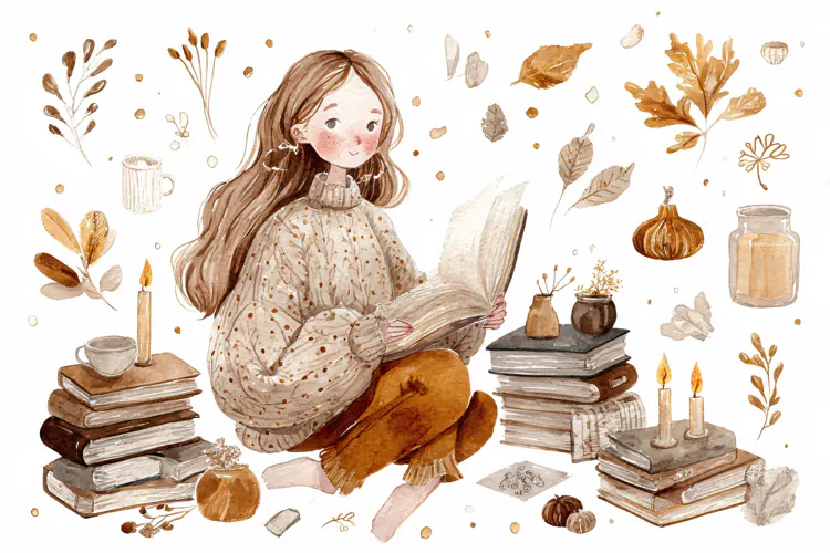 Watercolor illustration of a girl reading a book surrounded