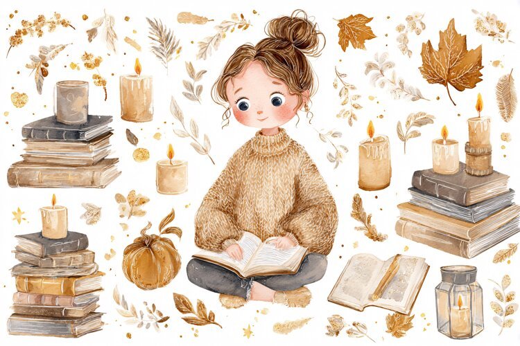 Watercolor illustration of a girl reading with autumn books example image 1