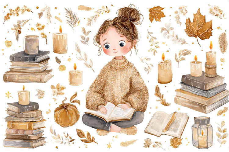 Watercolor illustration of a girl reading with autumn books
