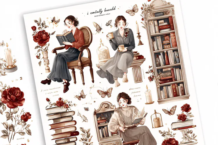 Watercolor illustration of women reading books in a vintage
