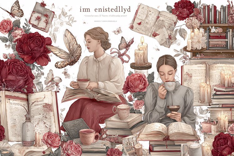 Watercolor illustration of two women reading books and drink example image 1