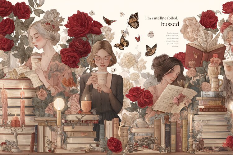 Watercolor illustration of women reading books surrounded by example image 1