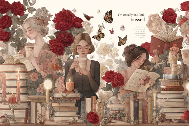 Watercolor illustration of women reading books surrounded by