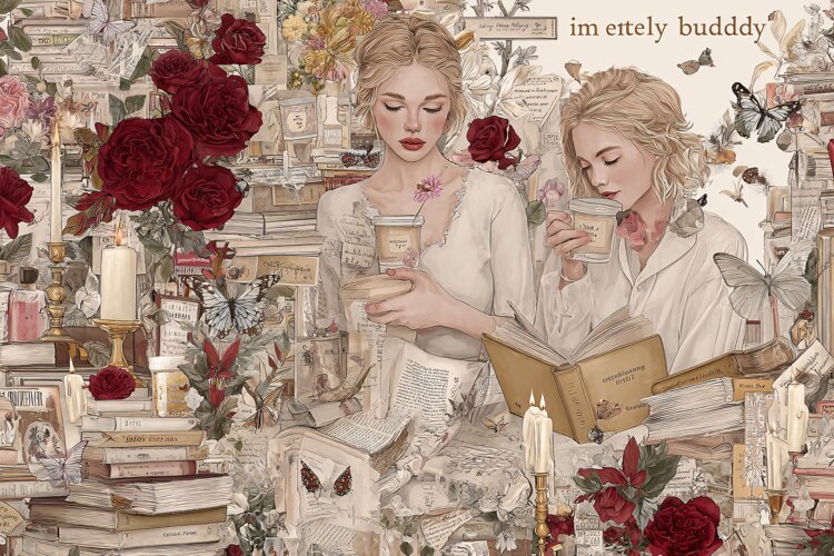 Two young women reading books and drinking tea in a floral g example image 1