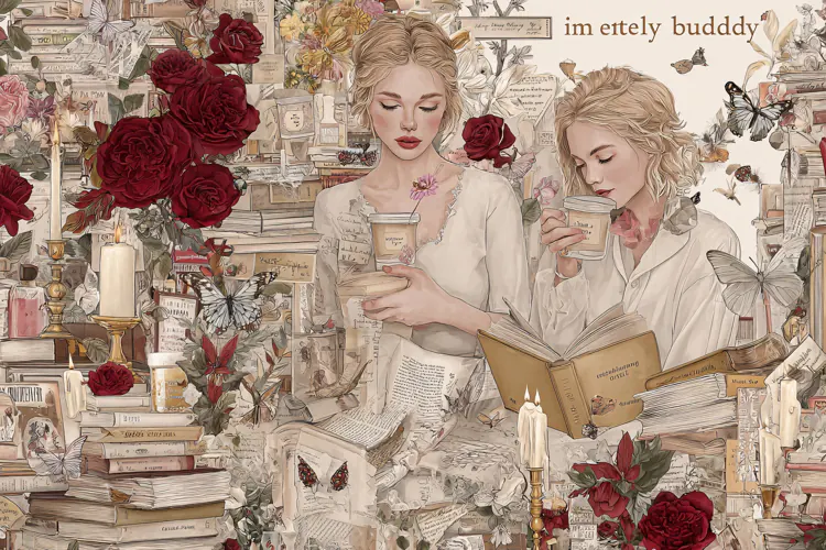 Two young women reading books and drinking tea in a floral g