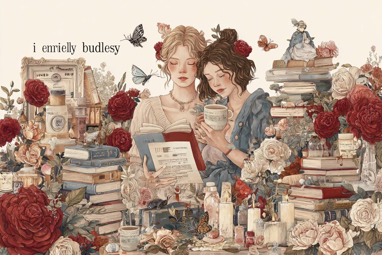 Two young women reading books and drinking tea surrounded by example image 1
