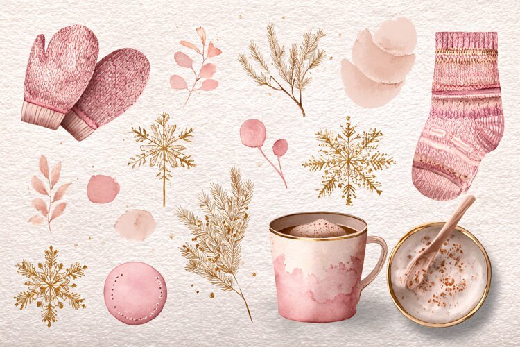 Watercolor winter collection with mittens socks and cocoa example image 1
