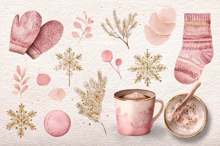 Watercolor winter collection with mittens socks and cocoa