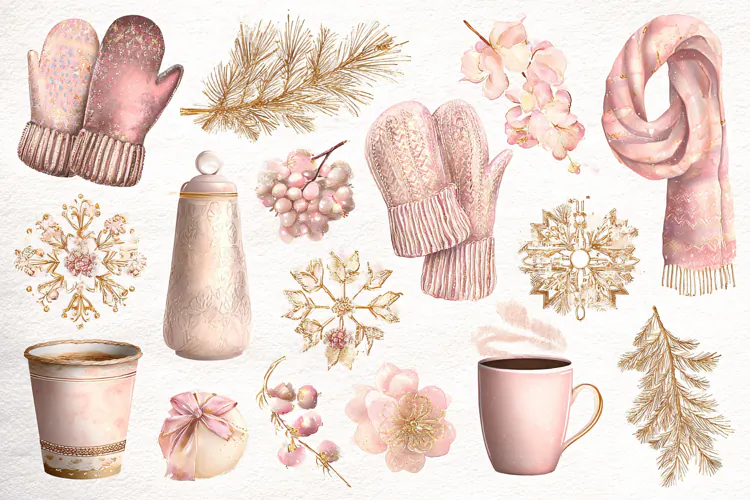 Watercolor winter collection with mittens scarf and snowflak