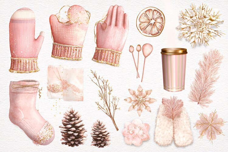 Watercolor winter collection with pink mittens and festive h example image 1