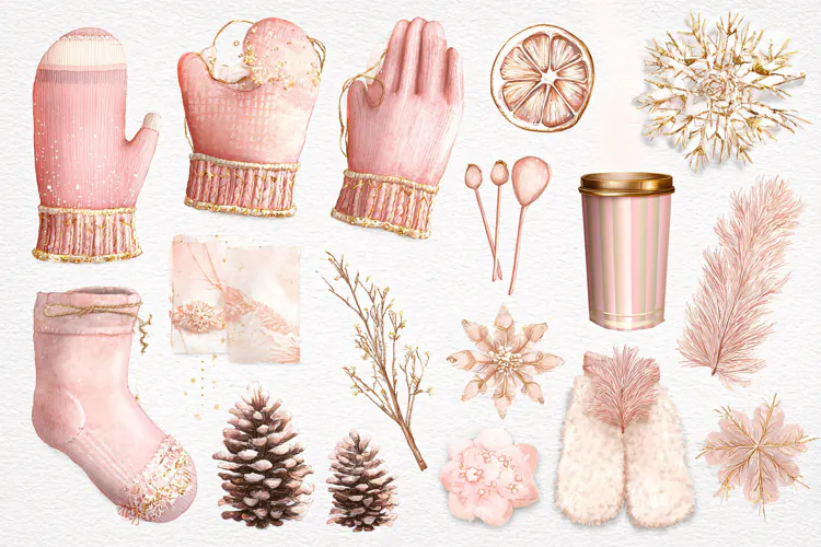 Watercolor winter collection with pink mittens and festive h